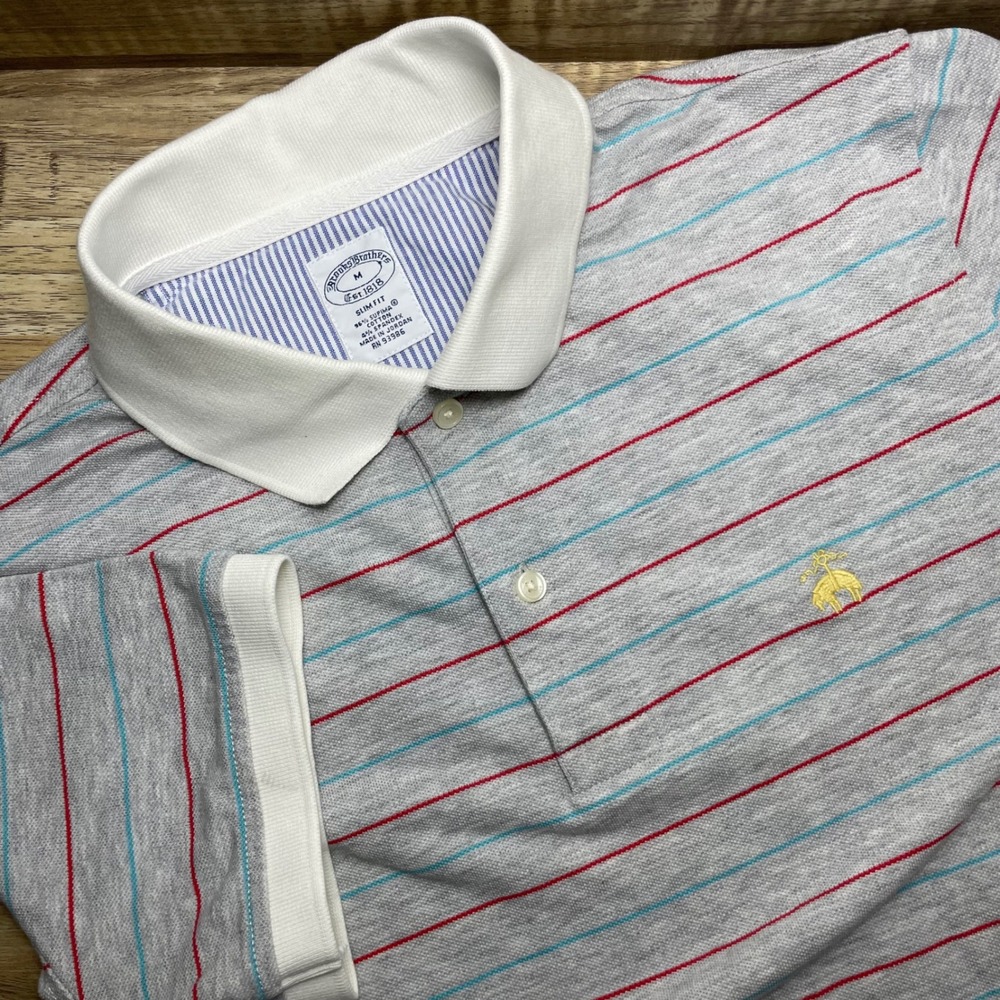 Brooks Brothers Men M Slim Striped Supima Cotton Polo Shirt Grey Contrast Collar - Picture 1 of 6